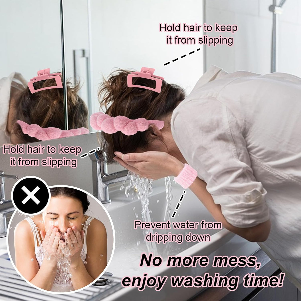Pink Spa Headband & Wristband Set for Washing Face Hair Clips