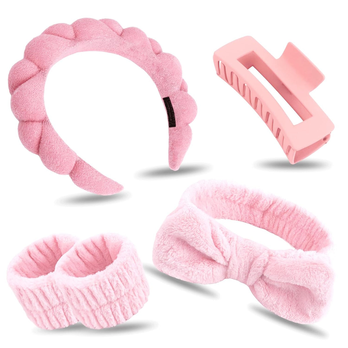 Pink Spa Headband & Wristband Set for Washing Face Hair Clips
