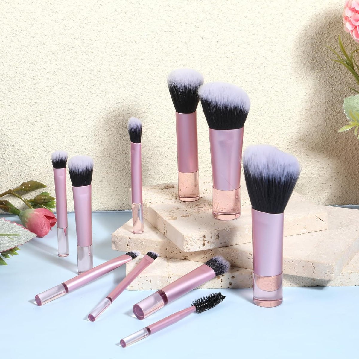 10-Piece Mini Travel Makeup Brush Set with Pouch, Pink