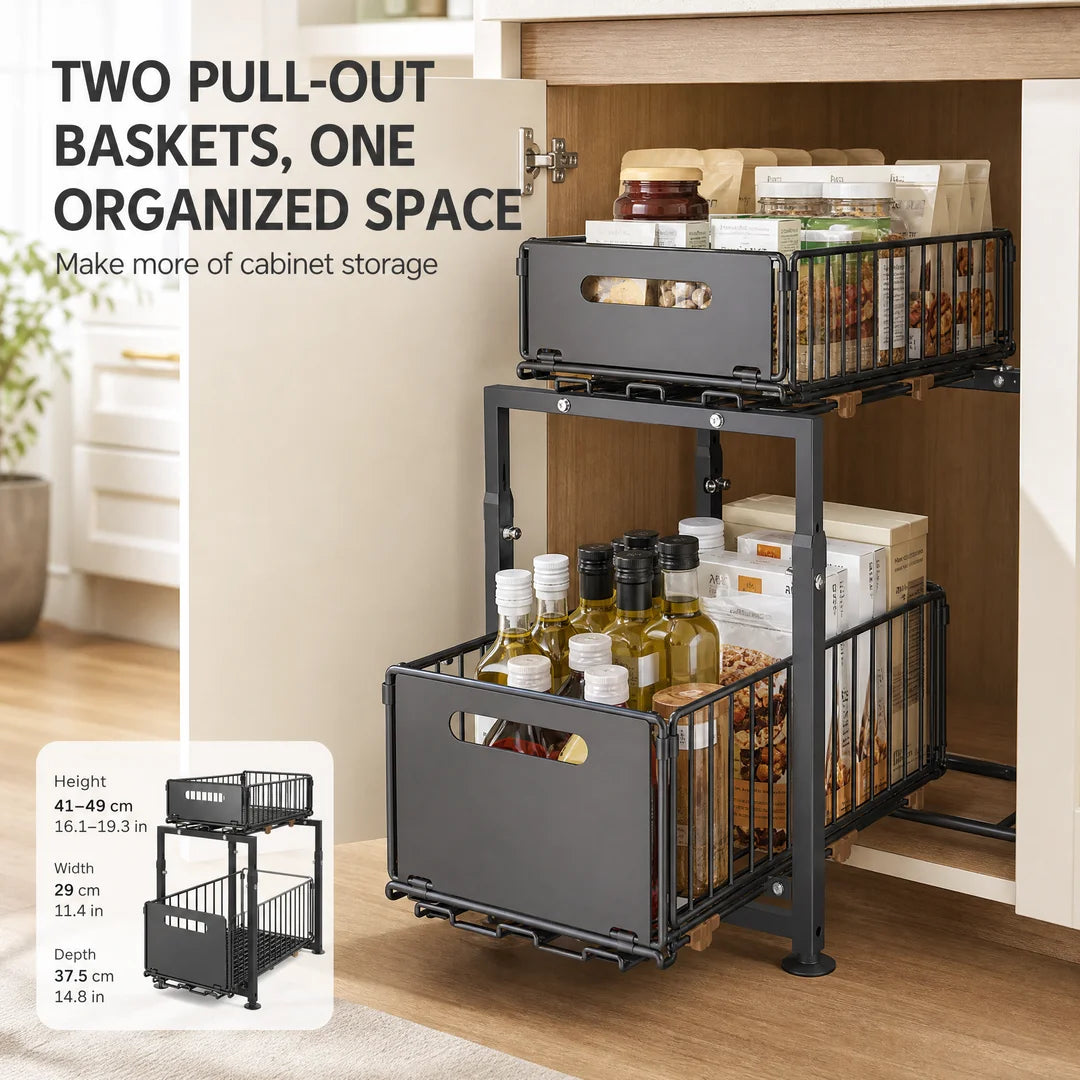 Pull-Out Under Sink Storage Organizer, 2-Tier Adjustable Height Cabinet Shelf, Heavy-Duty Carbon Steel Slide-Out Rack for Kitchen, Bathroom & Laundry, Holds Spices, Jars & Bottles