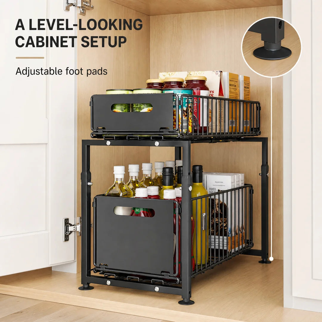 Pull-Out Under Sink Storage Organizer, 2-Tier Adjustable Height Cabinet Shelf, Heavy-Duty Carbon Steel Slide-Out Rack for Kitchen, Bathroom & Laundry, Holds Spices, Jars & Bottles