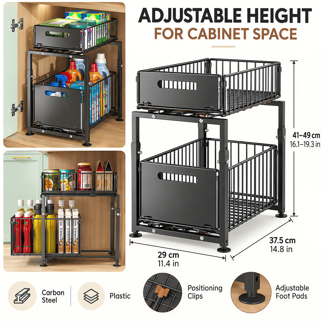 Pull-Out Under Sink Storage Organizer, 2-Tier Adjustable Height Cabinet Shelf, Heavy-Duty Carbon Steel Slide-Out Rack for Kitchen, Bathroom & Laundry, Holds Spices, Jars & Bottles