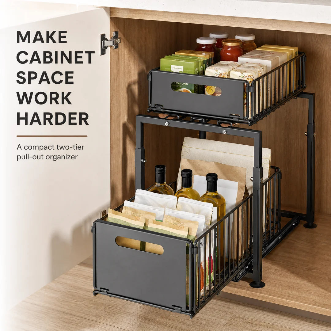 Pull-Out Under Sink Storage Organizer, 2-Tier Adjustable Height Cabinet Shelf, Heavy-Duty Carbon Steel Slide-Out Rack for Kitchen, Bathroom & Laundry, Holds Spices, Jars & Bottles