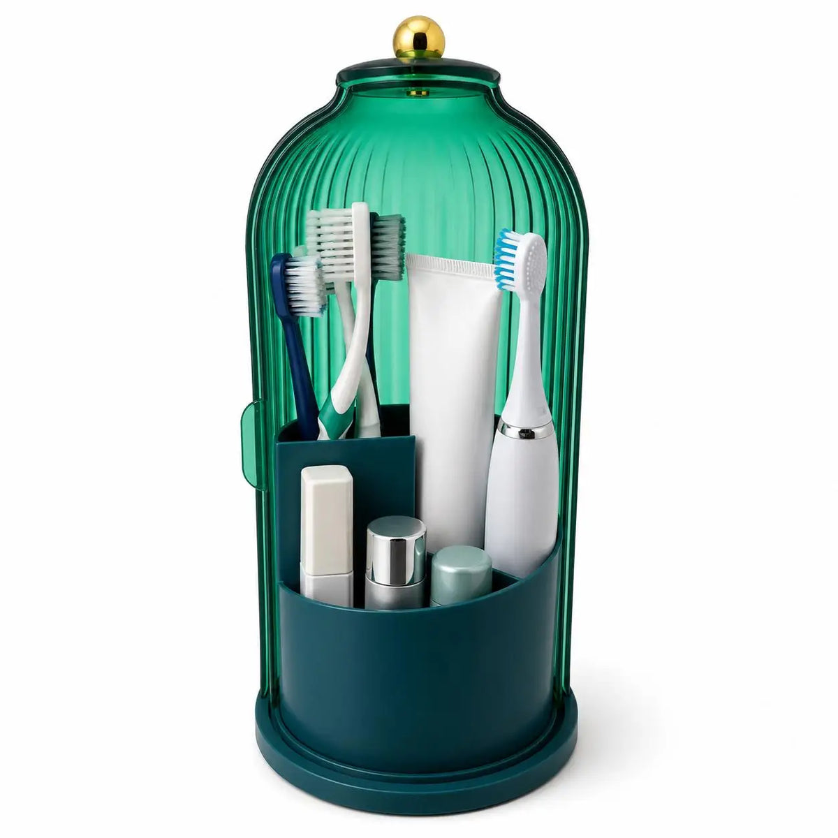 Rotating Dustproof Toothbrush Holder Organizer, 360° Swivel Multi-Functional Caddy for Makeup Brushes & Toothpaste, Compact Space-Saving Bathroom Vanity Countertop Rack for Apartments