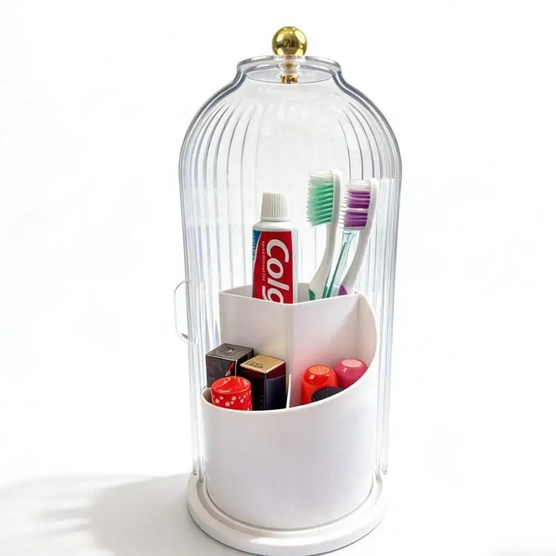 Rotating Dustproof Toothbrush Holder Organizer, 360° Swivel Multi-Functional Caddy for Makeup Brushes & Toothpaste, Compact Space-Saving Bathroom Vanity Countertop Rack for Apartments