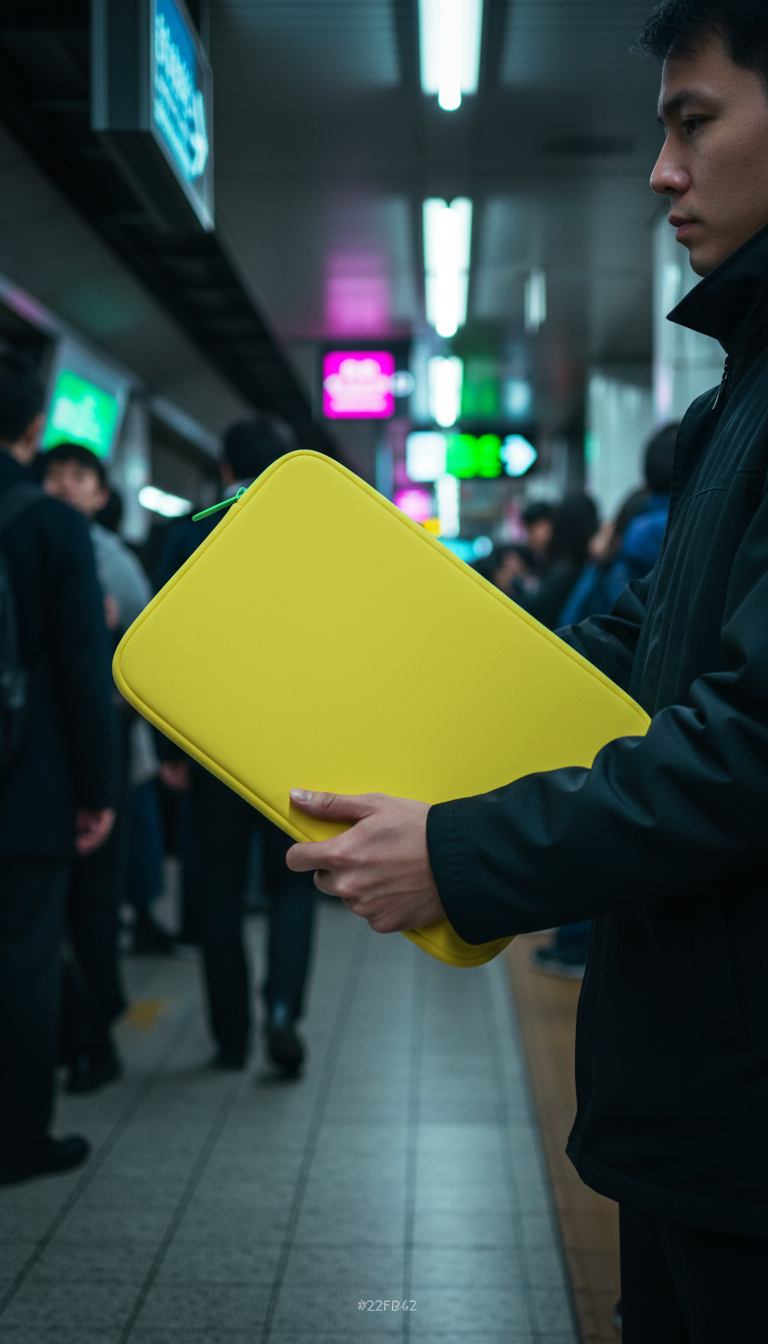 Lemon Zest laptop sleeve with Padded Vinyl Shell in use