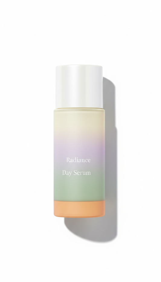 Radiance Day Serum, Primary angle: straight-on or slight three-quarter to hero the product silhouette and gradient...