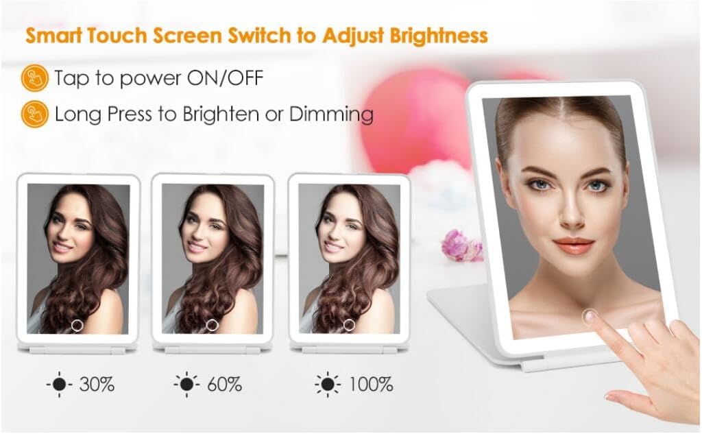 Rechargeable Travel LED Makeup Mirror, 72 Lights, Dimmable Touch Screen