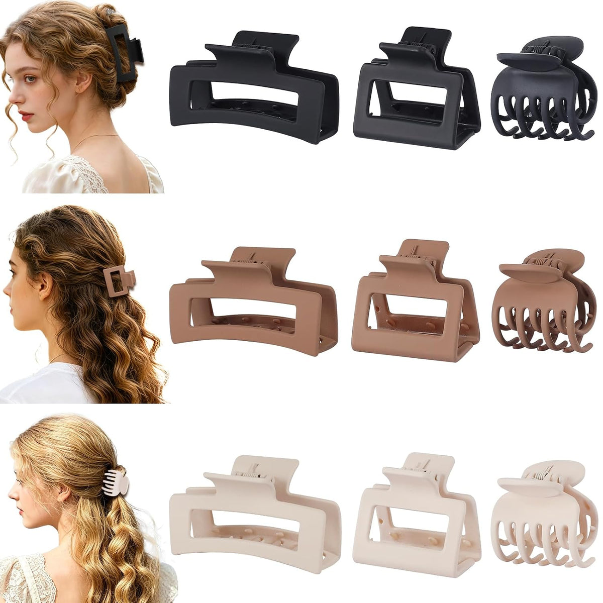 Medium Claw Hair Clips Set, 9 Pieces, 3 Styles
