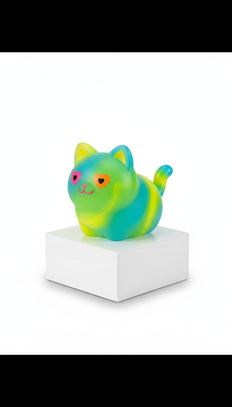 Slime Lime Cat limited edition squishy collectible toy, Hero angle is a clean front-facing 3/4 with product centered on a...