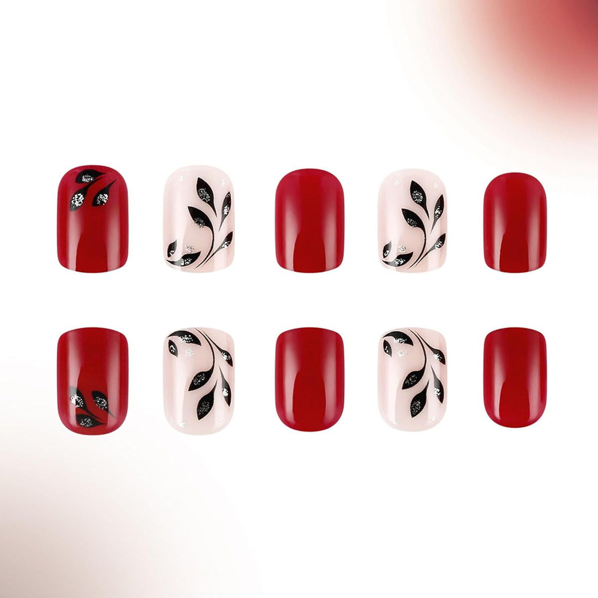 Short Square Press On Nails Set, 24 Pieces, Black Leaf Glitter Design