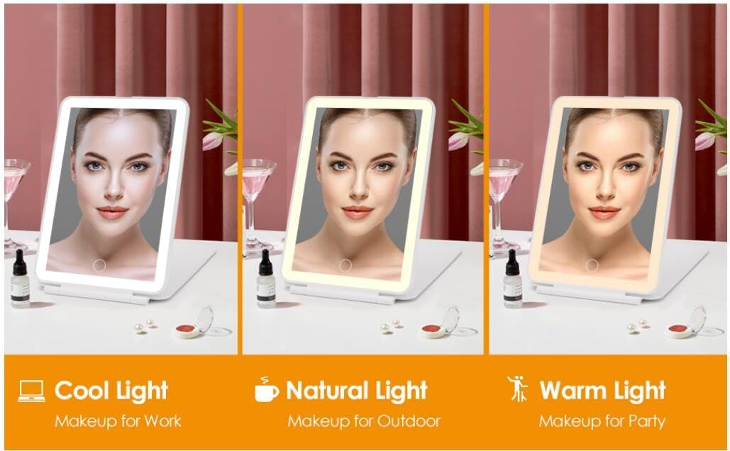 Rechargeable Travel LED Makeup Mirror, 72 Lights, Dimmable Touch Screen