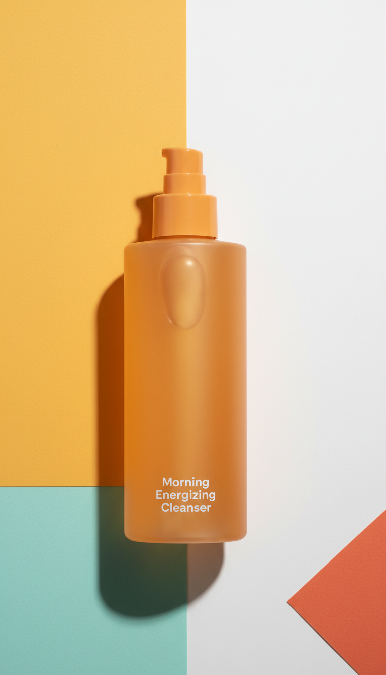 Morning Energizing Cleanser, Hero product shots at a clean 3/4 angle on matte or glossy colored blocks aligned with...