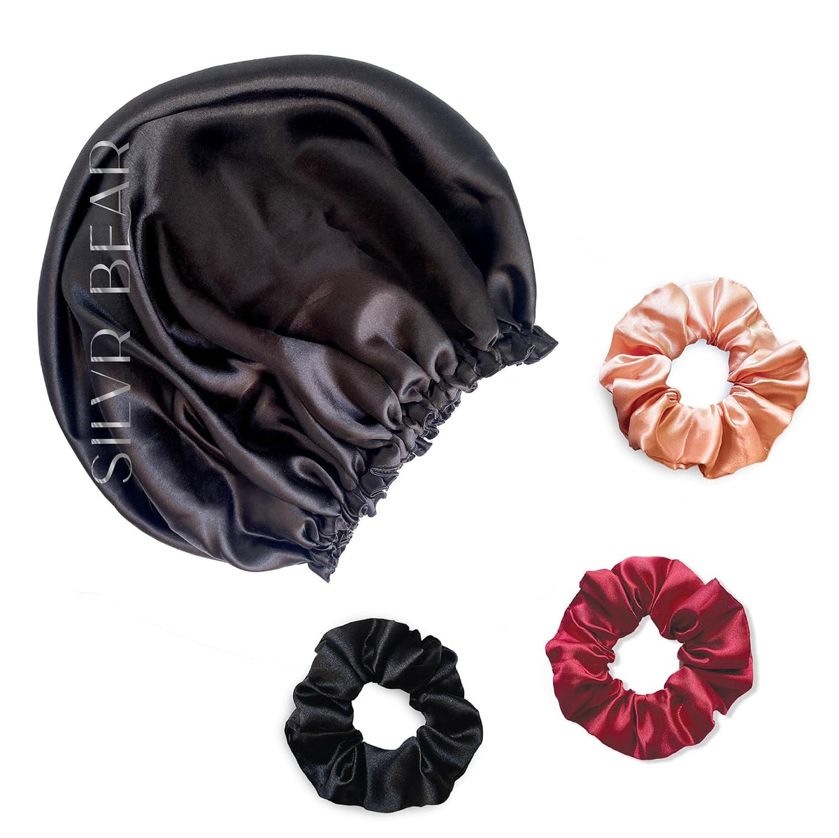 Reversible Satin Sleep Bonnet + 3 Scrunchies, Black