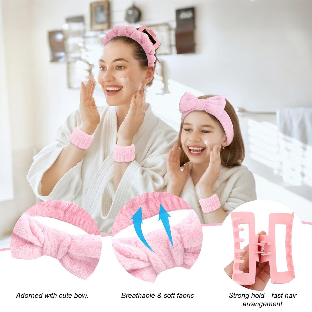 Pink Spa Headband & Wristband Set for Washing Face Hair Clips