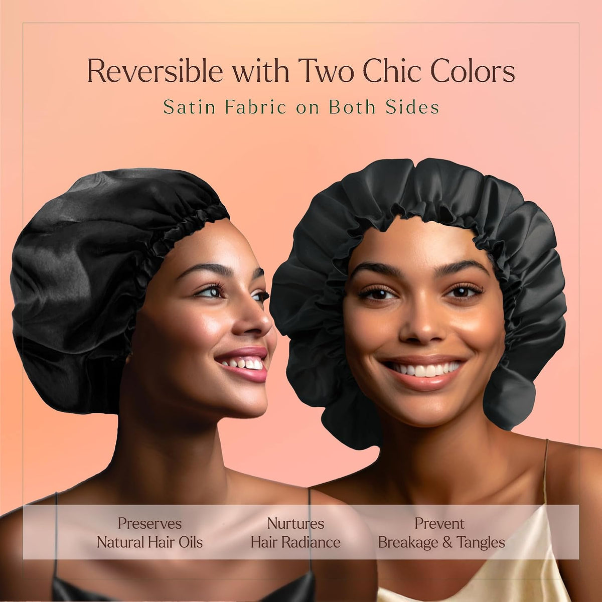 Reversible Satin Sleep Bonnet + 3 Scrunchies, Black