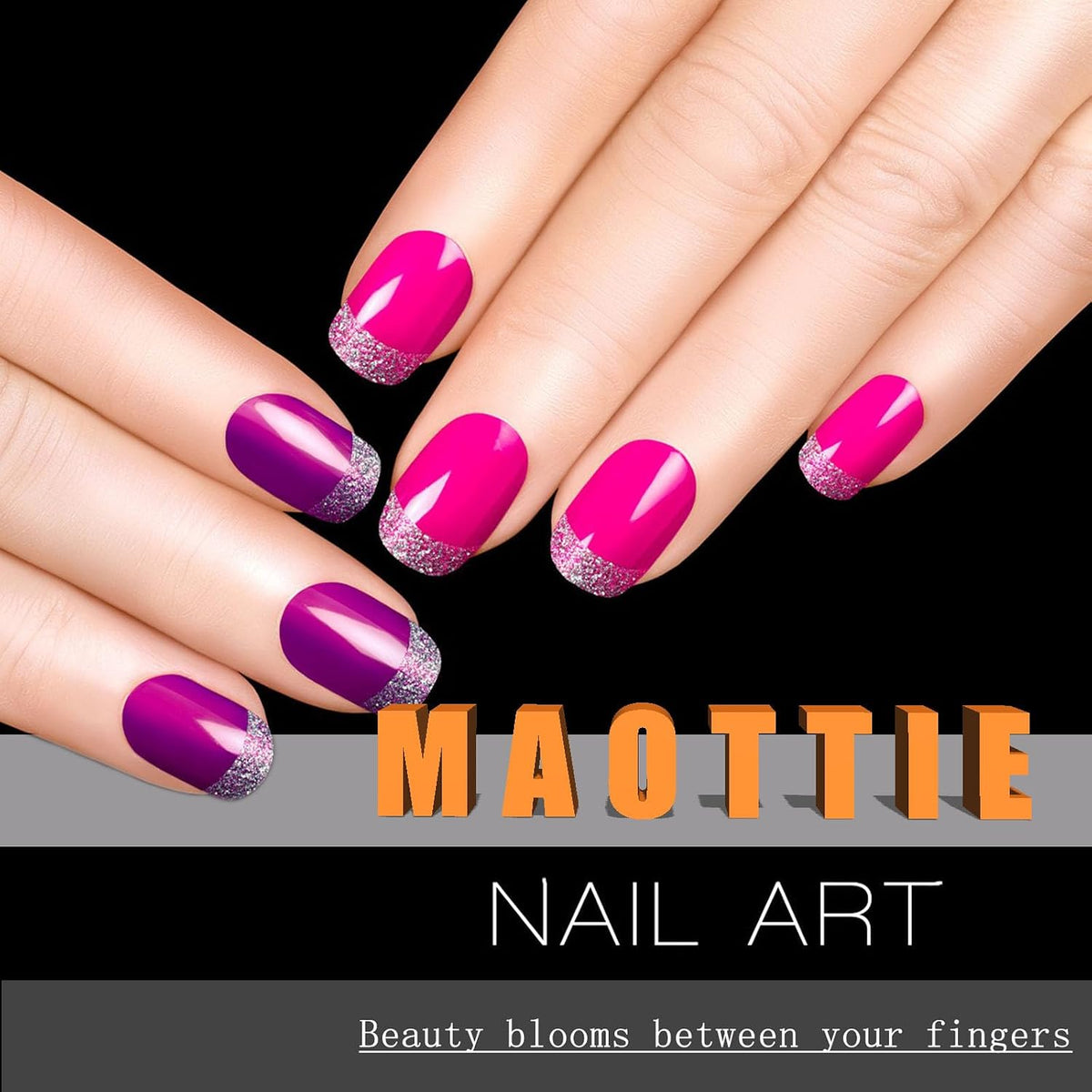 Short Square Press On Nails Set, 24 Pieces, Black Leaf Glitter Design