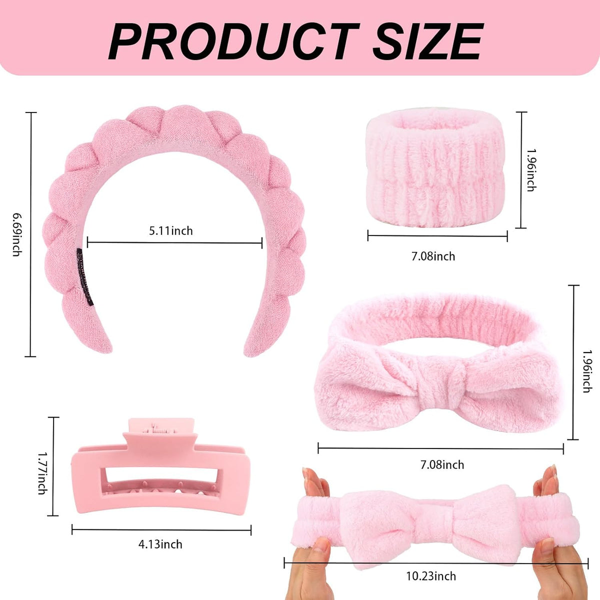 Pink Spa Headband & Wristband Set for Washing Face Hair Clips