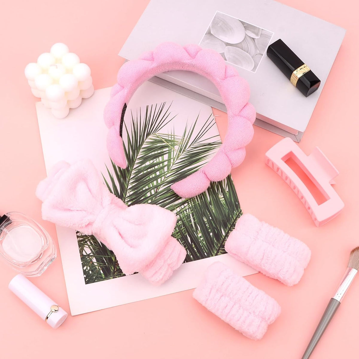 Pink Spa Headband & Wristband Set for Washing Face Hair Clips