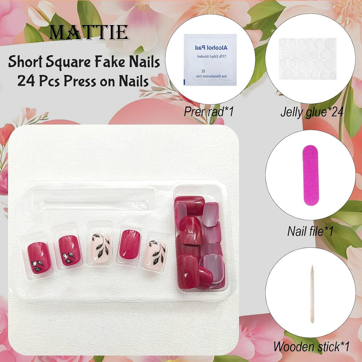 Short Square Press On Nails Set, 24 Pieces, Black Leaf Glitter Design