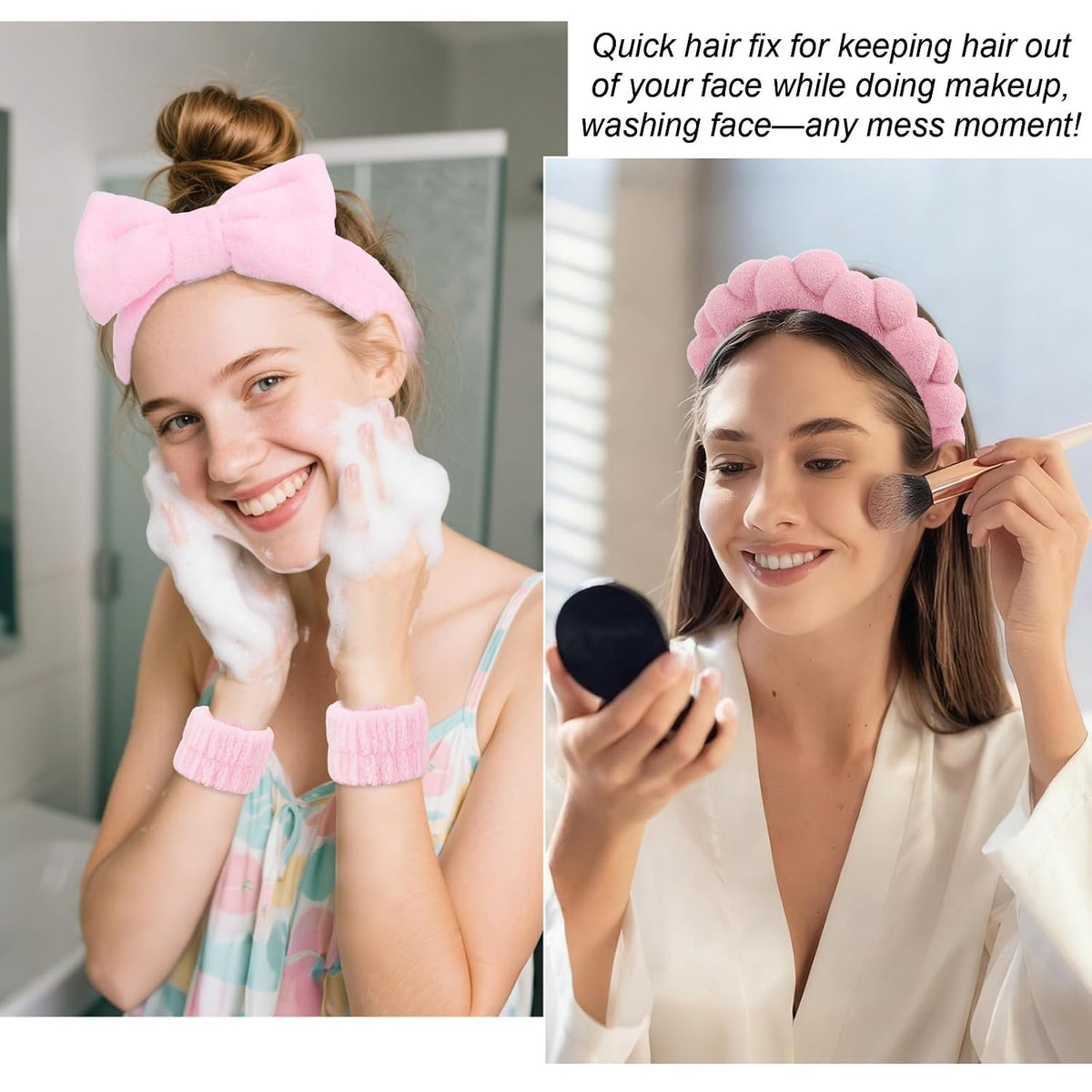 Pink Spa Headband & Wristband Set for Washing Face Hair Clips
