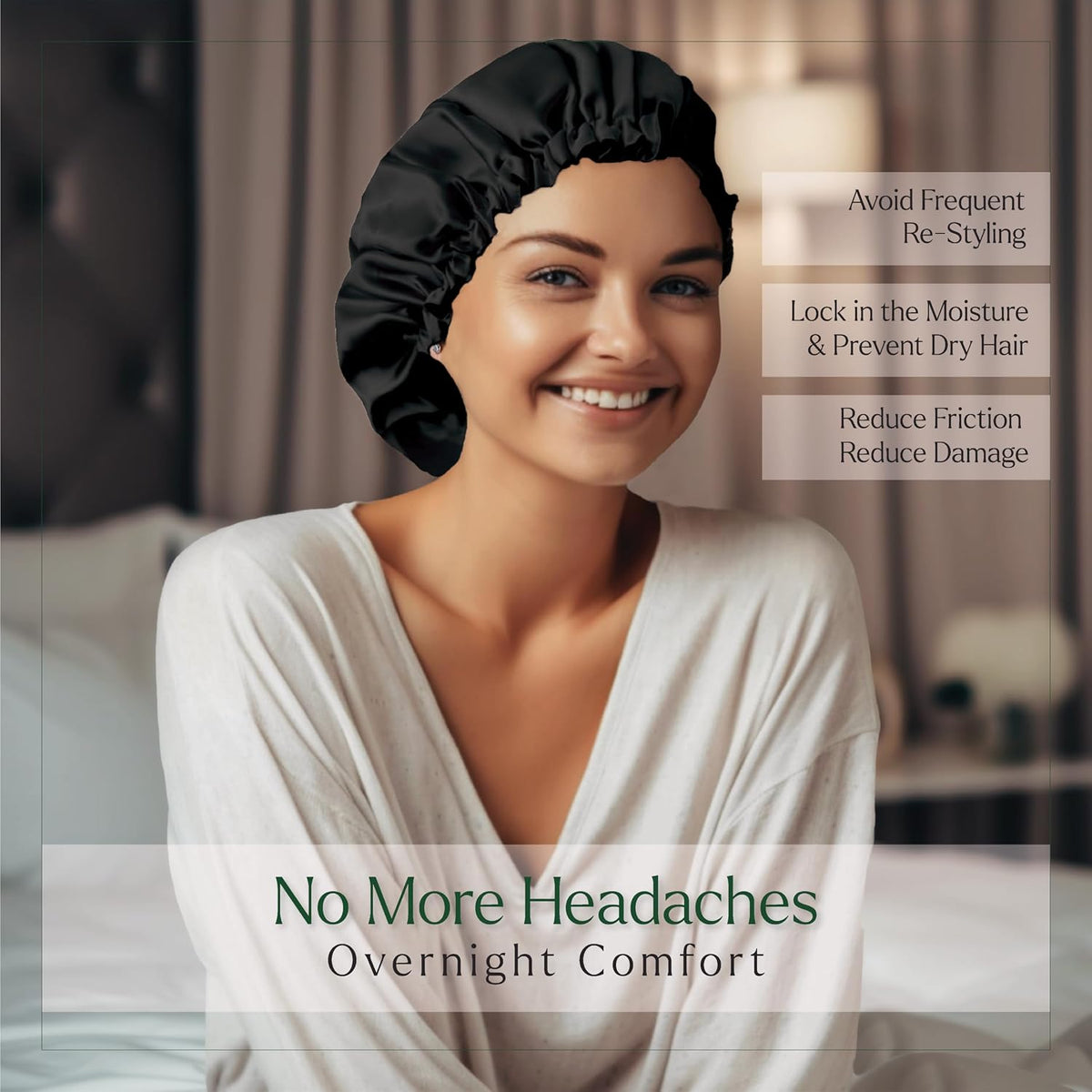Reversible Satin Sleep Bonnet + 3 Scrunchies, Black