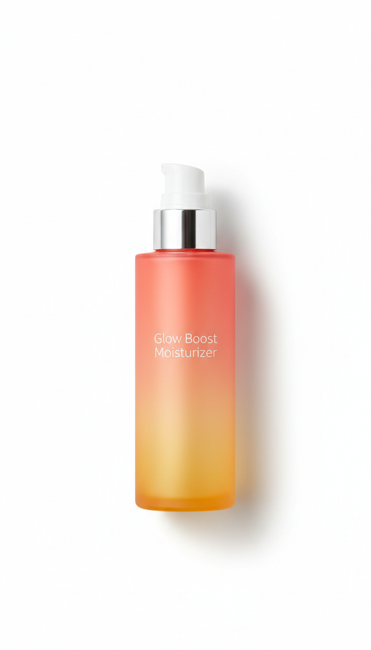 Glow Boost Moisturizer, Hero angle is straight-on or slight 3/4 for bottles (at eye-level), centered on seamless gradient...