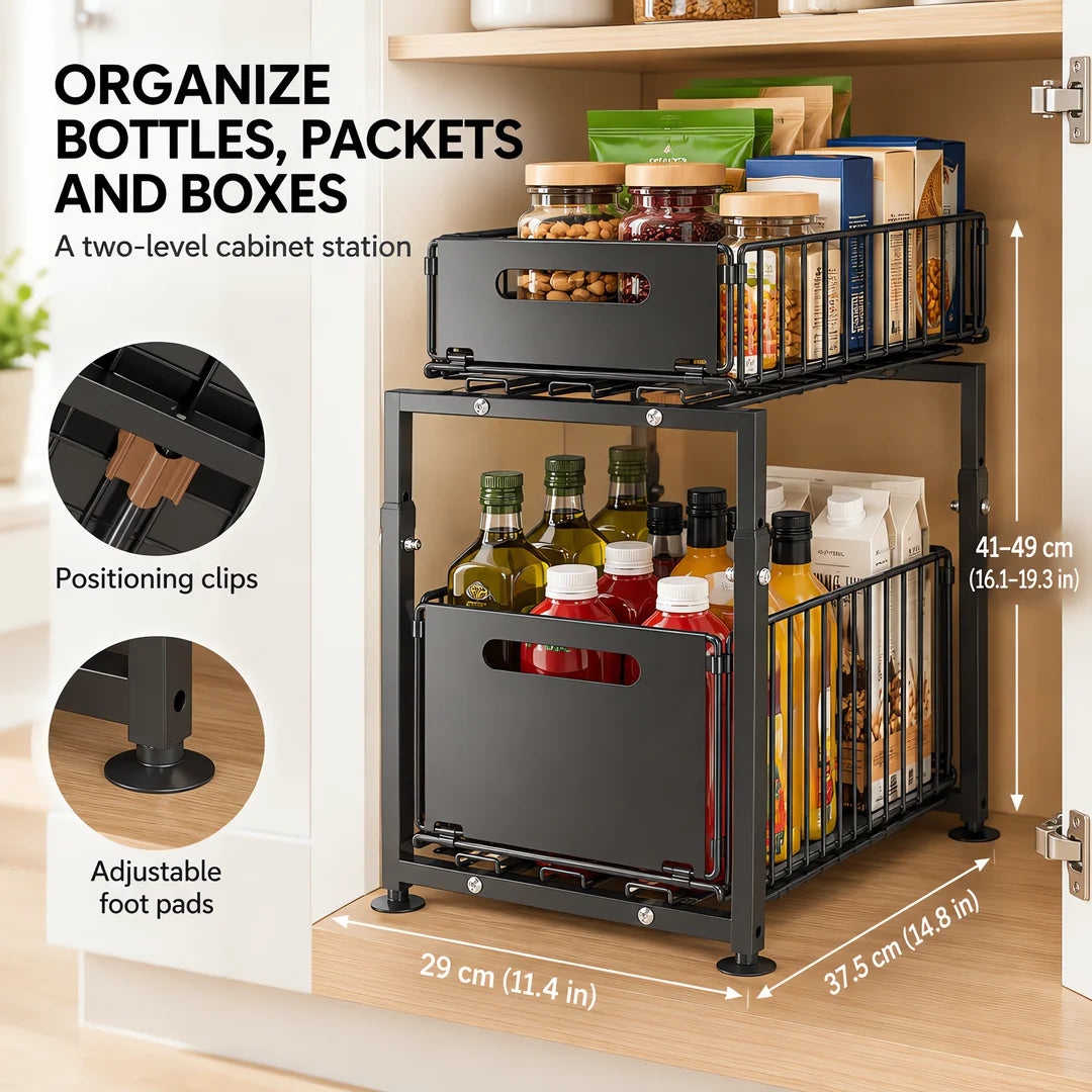 Pull-Out Under Sink Storage Organizer, 2-Tier Adjustable Height Cabinet Shelf, Heavy-Duty Carbon Steel Slide-Out Rack for Kitchen, Bathroom & Laundry, Holds Spices, Jars & Bottles
