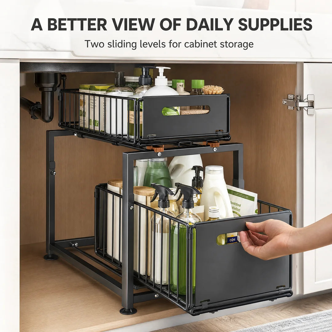 Pull-Out Under Sink Storage Organizer, 2-Tier Adjustable Height Cabinet Shelf, Heavy-Duty Carbon Steel Slide-Out Rack for Kitchen, Bathroom & Laundry, Holds Spices, Jars & Bottles