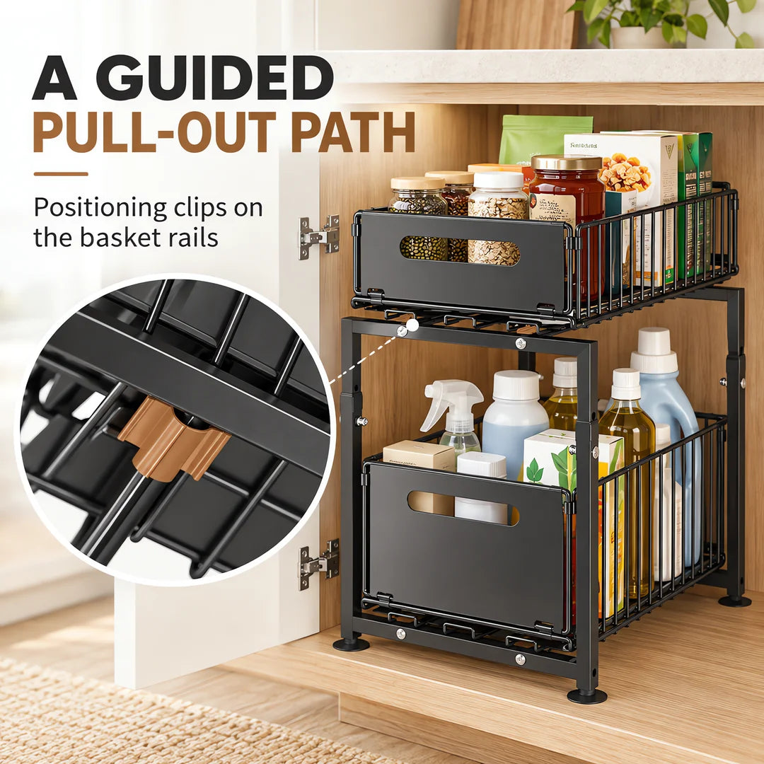 Pull-Out Under Sink Storage Organizer, 2-Tier Adjustable Height Cabinet Shelf, Heavy-Duty Carbon Steel Slide-Out Rack for Kitchen, Bathroom & Laundry, Holds Spices, Jars & Bottles