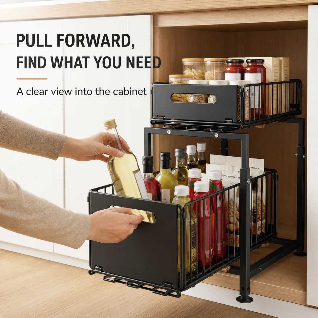 Pull-Out Under Sink Storage Organizer, 2-Tier Adjustable Height Cabinet Shelf, Heavy-Duty Carbon Steel Slide-Out Rack for Kitchen, Bathroom & Laundry, Holds Spices, Jars & Bottles