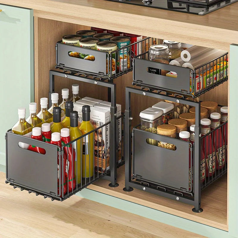 Pull-Out Under Sink Storage Organizer, 2-Tier Adjustable Height Cabinet Shelf, Heavy-Duty Carbon Steel Slide-Out Rack for Kitchen, Bathroom & Laundry, Holds Spices, Jars & Bottles