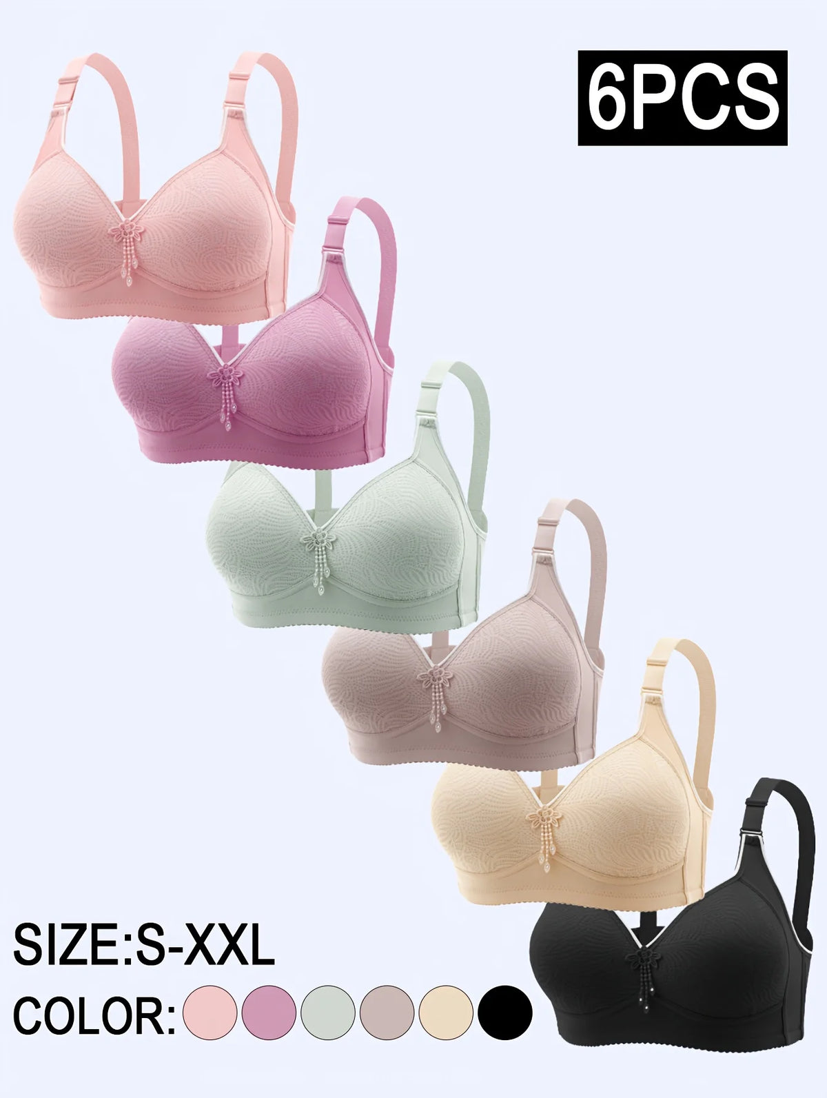 Women's seamless wireless bra 6-pack, push-up with adjustable straps